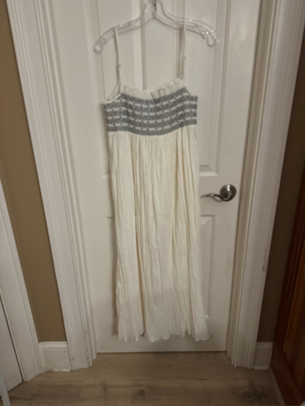 Ivory Maxi Dress with Smocked Black Stripe Bodice